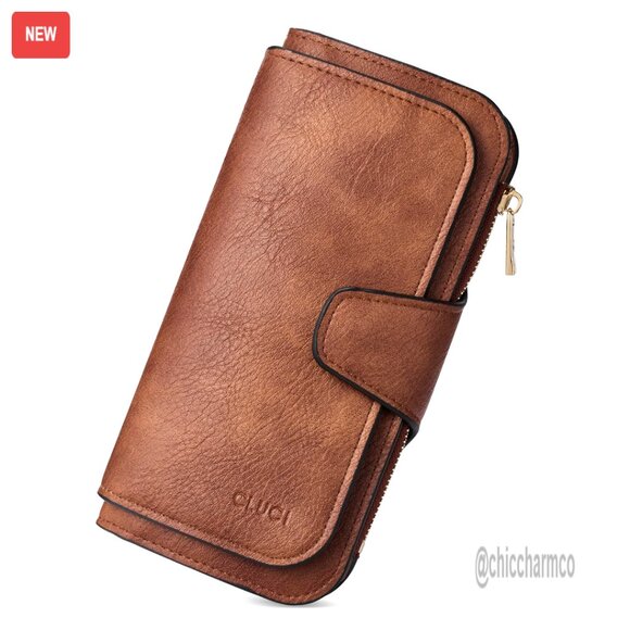PU Leather RFID Blocking Trifold Wallet with ID Window and Zipper Pocket